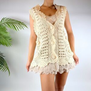 Vintage 90s Crochet Cottagecore Beaded Oversized Knit Vest Cardigan Top / Sz: S